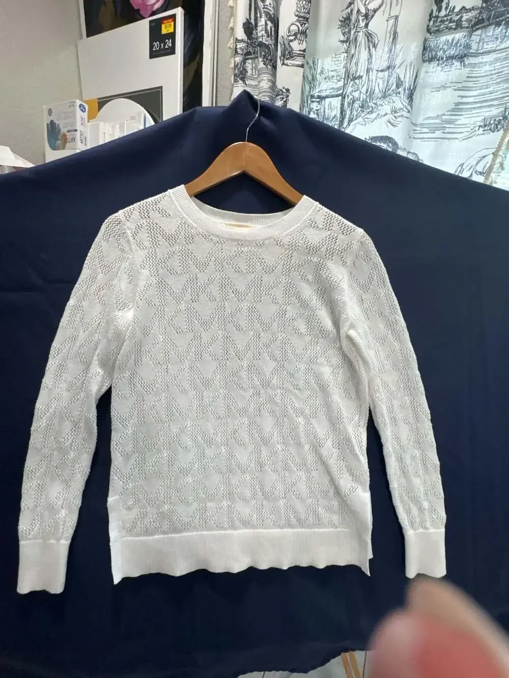 Michael Kors Women's White Monogram Open-Knit Crewneck Pullover Sweater